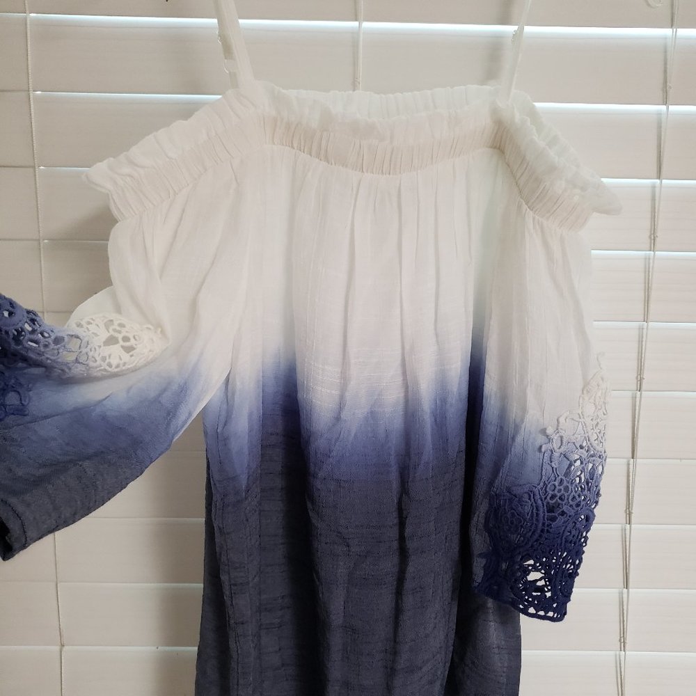 BCX Off the shoulder blue and white with lace top